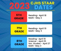 We will have STAAR Testing on: 6th Grade- Reading April 18 and Math May 2  7th Grade- Reading April 19 and Math May 3  8th Grade- Reading April 19, Math May 3, Science April 25, and Soc. Studies April 27